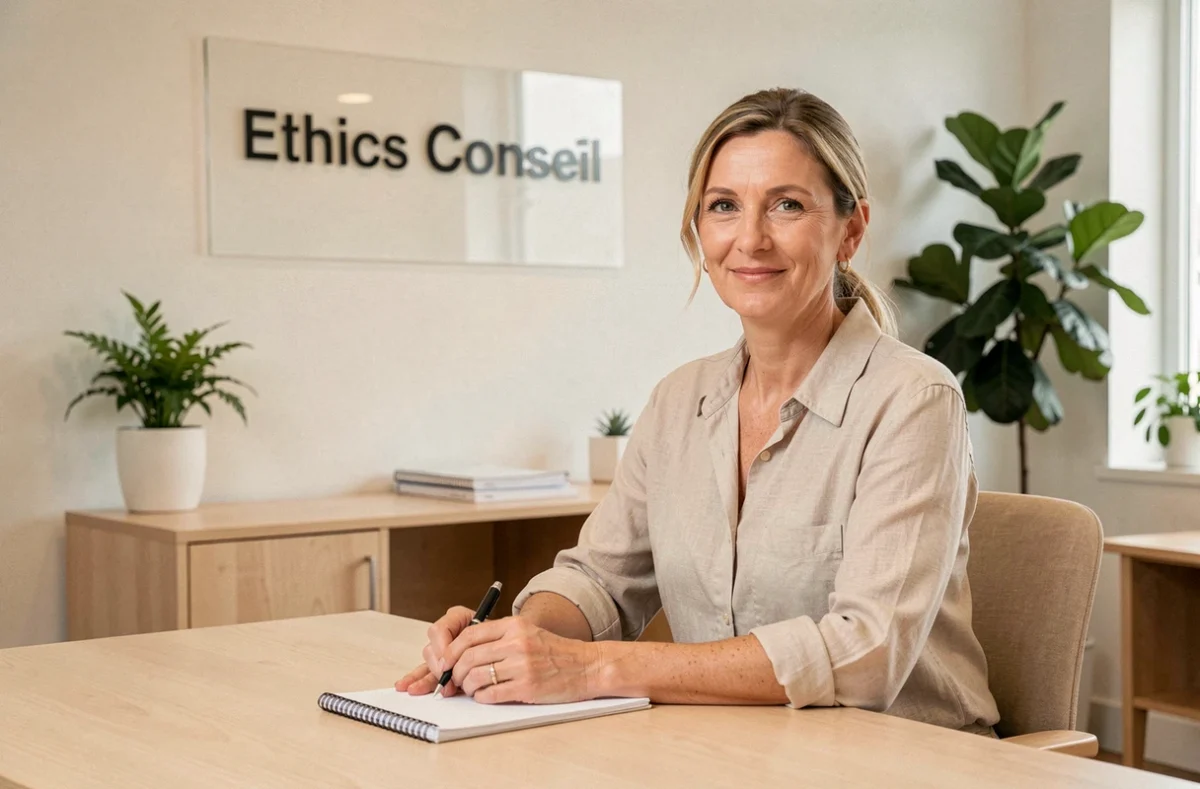 Conseillère d'Ethics Conseil dans un bureau minimaliste en bois naturel évoquant transparence et professionnalisme