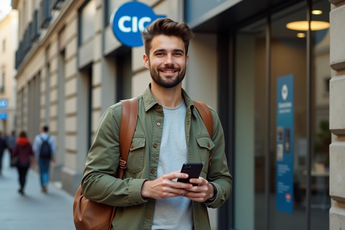 Étudiant devant une agence CIC consultant l'application bancaire sur smartphone