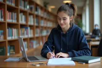 Étudiante ouvrant un compte bancaire CIC sur ordinateur portable dans une bibliothèque universitaire
