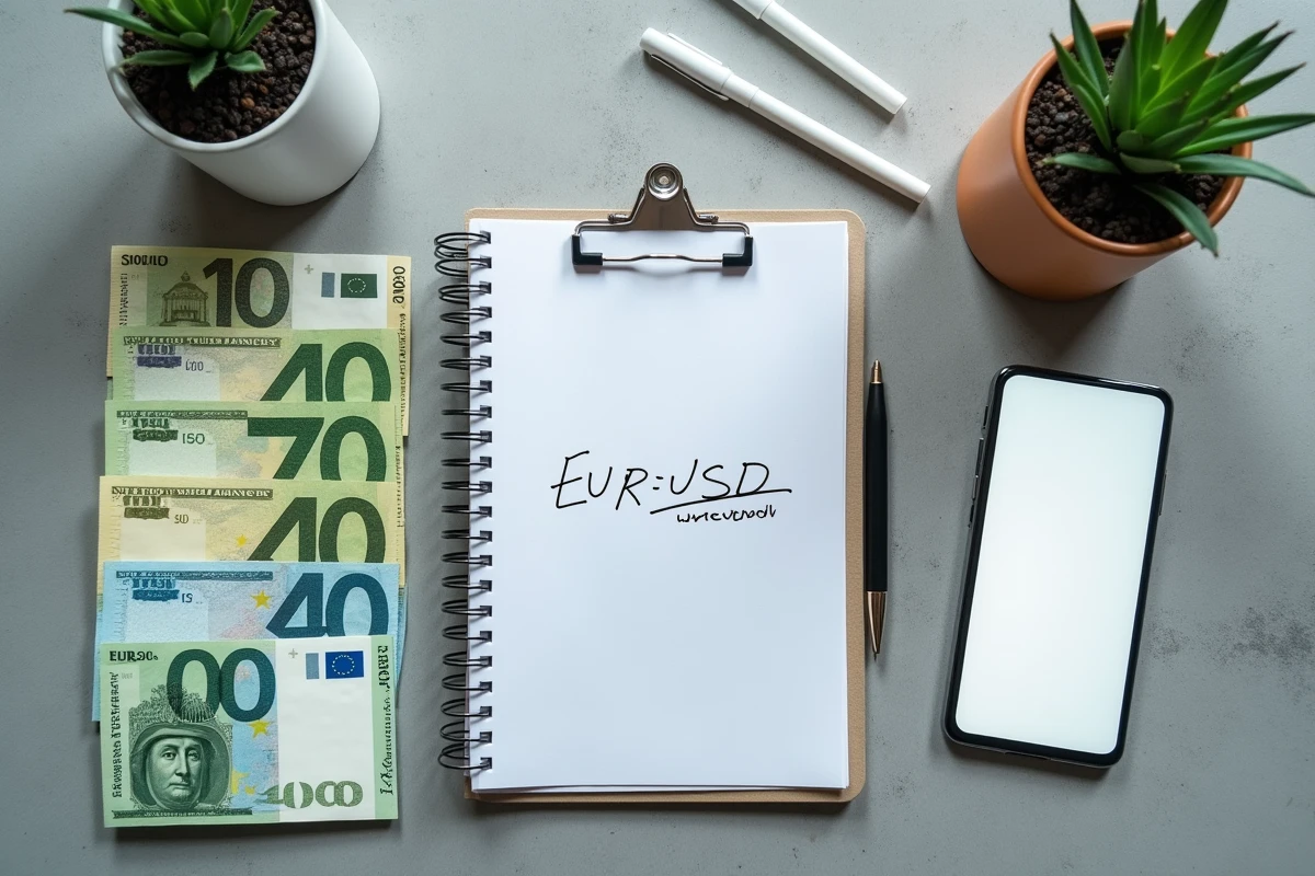 Vue de dessus d'un billet de 100 euros et de dollars américains avec une application de conversion de devises sur smartphone