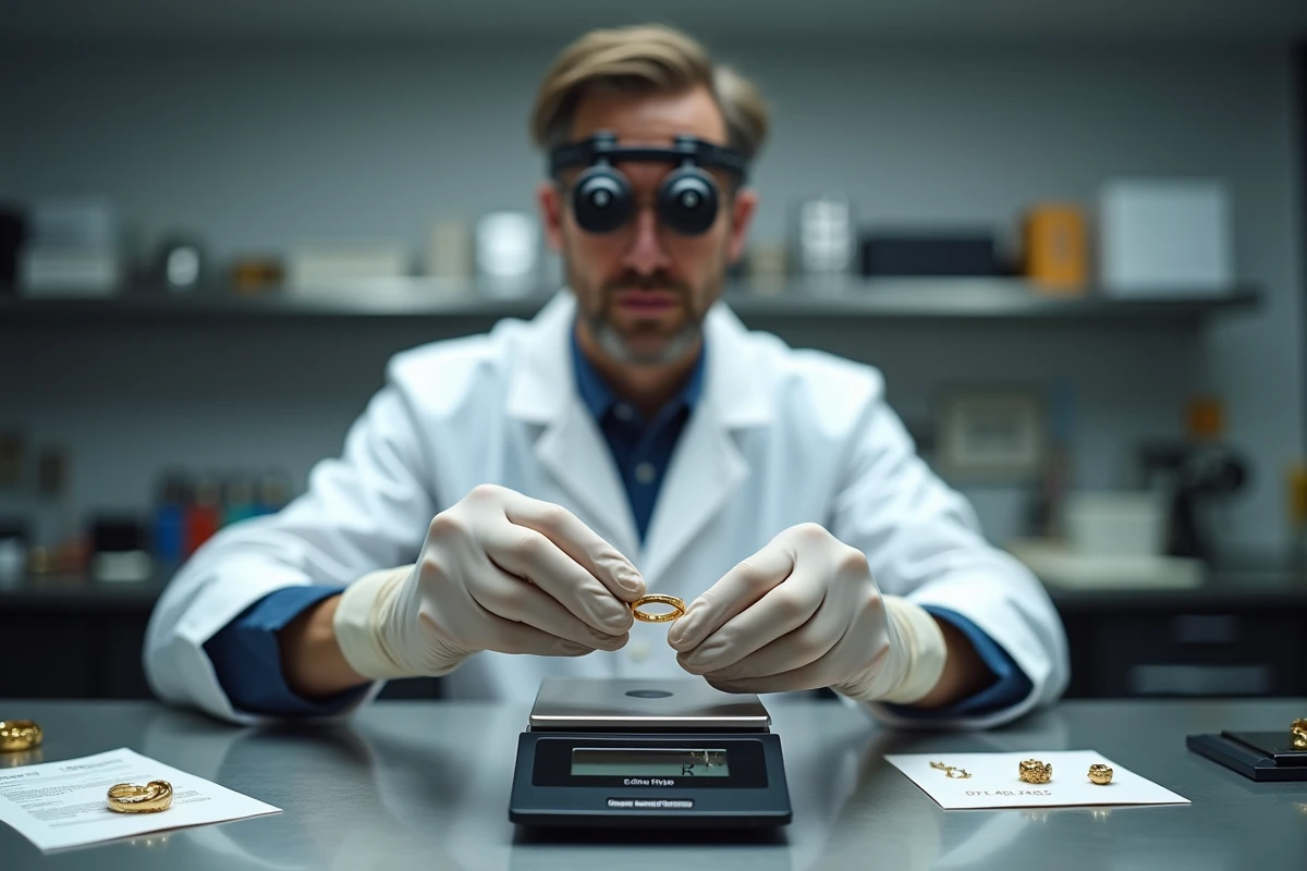 Bijoutier professionnel pesant une bague en or sur une balance de précision lors d'une expertise de bijoux hérités en or 9 carats