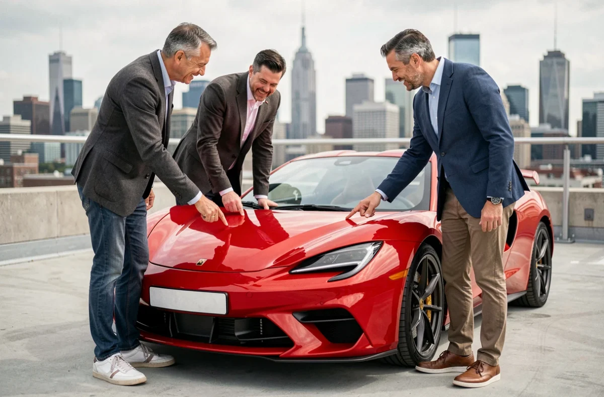 Passionnés de supercars admirant une voiture de sport rouge lors d'un rassemblement automobile exclusif en terrasse urbaine, évoquant la fascination pour la fortune de GMK