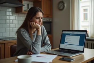 Femme inquiète consultant son espace Pôle emploi sur un ordinateur portable à la maison pour vérifier sa date de paiement