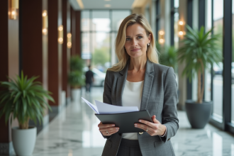 Femme d affaires dans le lobby d un immeuble moderne