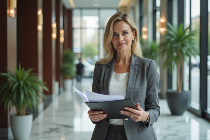 Femme d affaires dans le lobby d un immeuble moderne