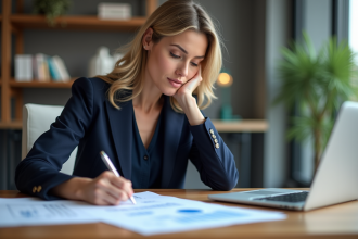 Femme d affaires examine documents de prêt immobilier