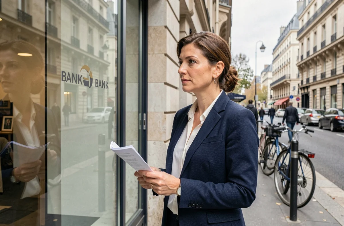 Femme devant une agence bancaire française s'interrogeant sur le taux du livret A et l'inflation en 2026