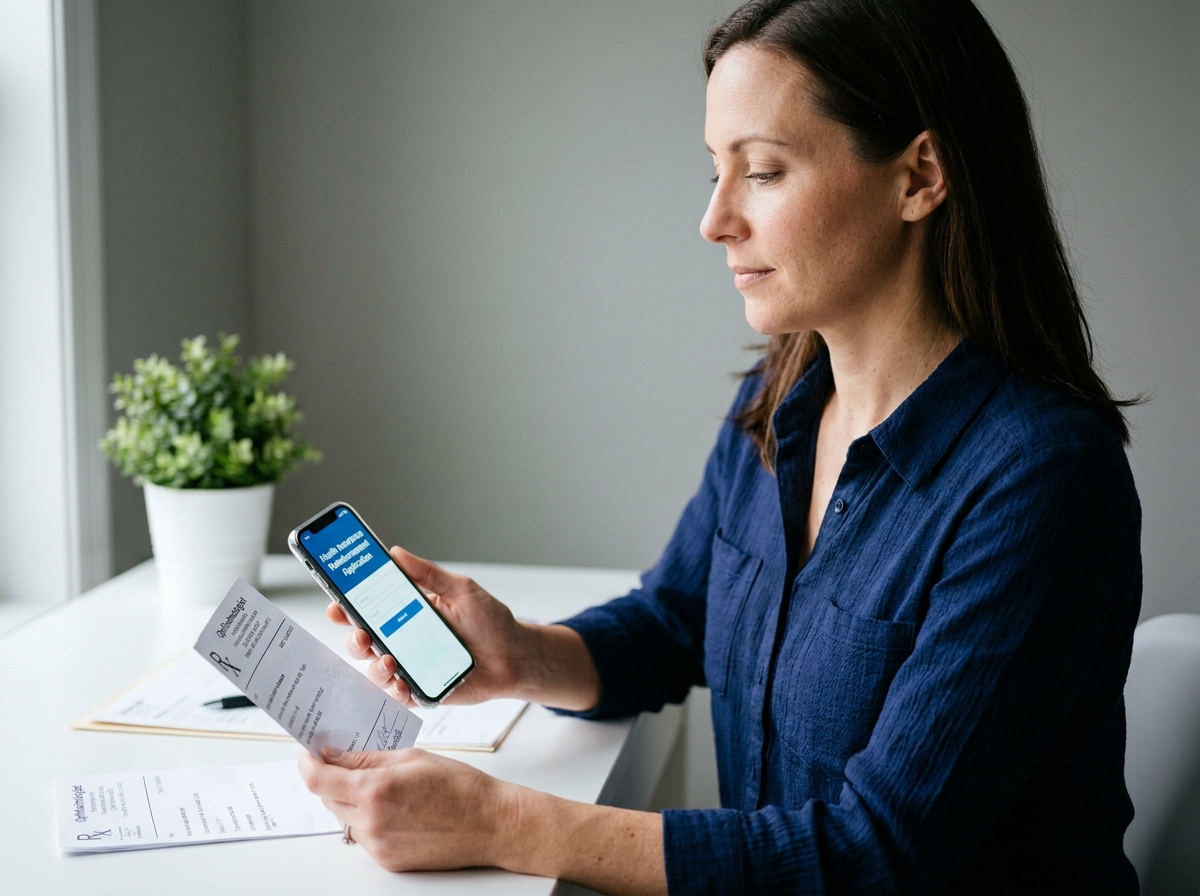 Femme utilisant une application de mutuelle sur smartphone pour gérer ses remboursements d'optique avec une ordonnance ophtalmologique