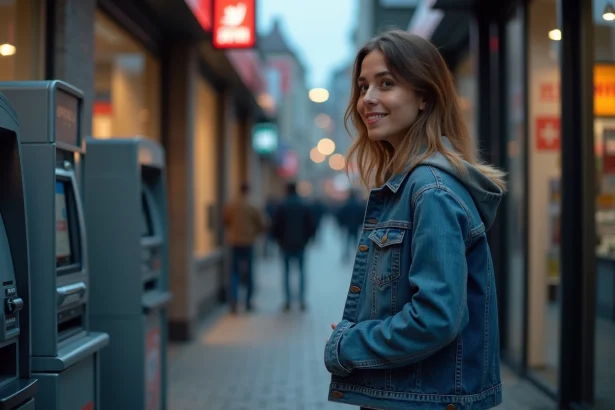 Femme en denim retire de l'argent à un ATM nocturne en ville