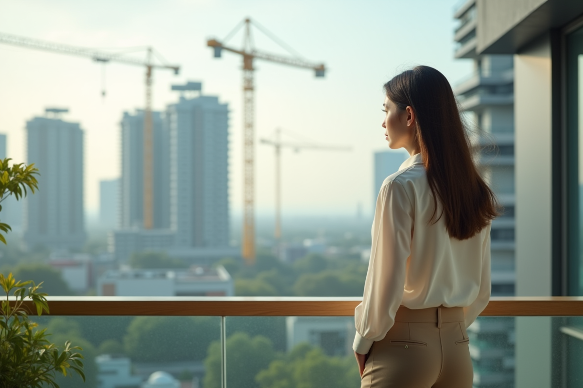 Femme regardant la ville depuis son balcon avec des grues