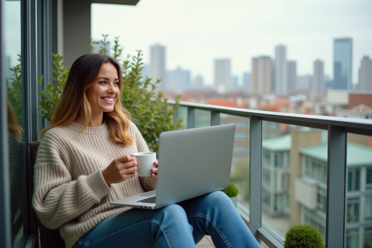 Femme souriante sur un balcon avec vue sur la ville et un ordinateur portable
