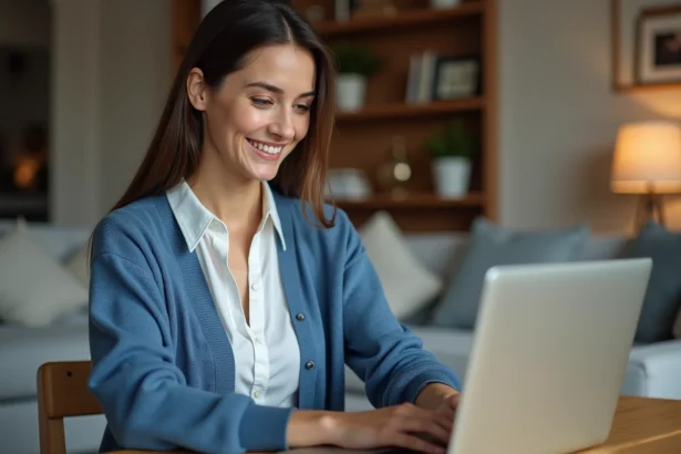 Femme souriante utilisant sa banque en ligne à domicile