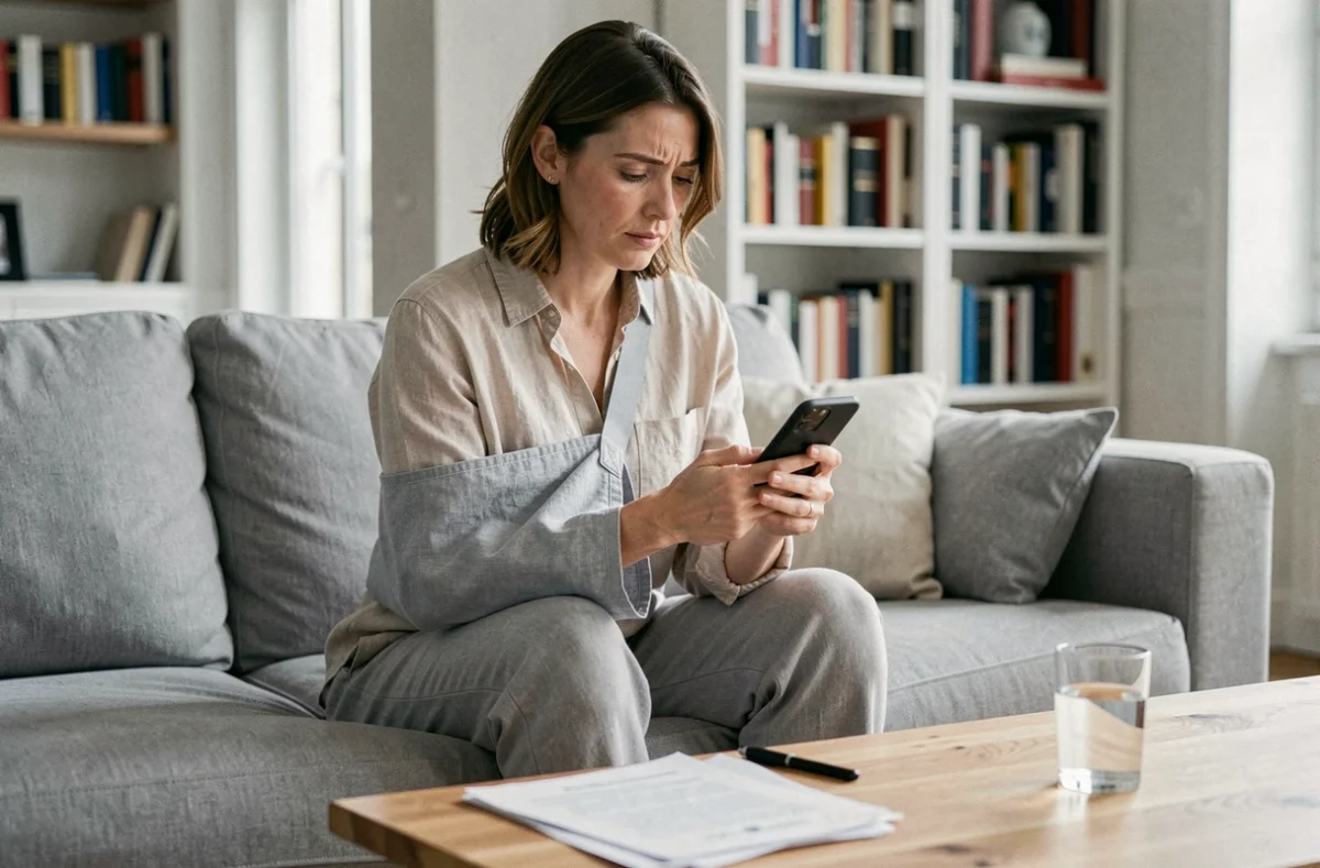 Femme avec un bras en écharpe consultant son téléphone entourée de documents médicaux, illustration des conséquences d'un accident de la vie quotidienne