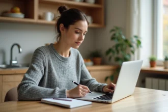 Femme consultant un budget sur ordinateur portable avec un carnet de notes pour réduire ses dépenses au quotidien