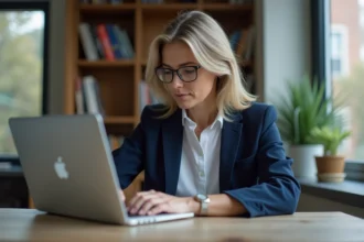 Femme d'âge moyen travaillant sur un ordinateur dans un bureau moderne