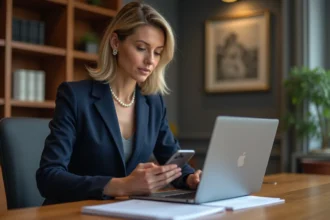 Femme cadre consultant son application BNP Banque Privée sur smartphone et ordinateur portable dans un bureau bancaire élégant