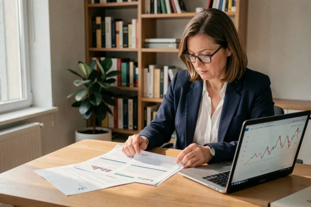 Femme cadre étudiant des documents d'investissement SCPI sur un bureau en bois moderne avec un ordinateur portable affichant des graphiques financiers