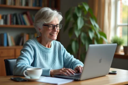 Femme âgée téléchargeant un calendrier 2026 à son bureau