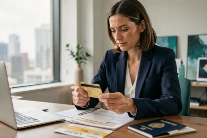 Femme tenant une carte gold bancaire devant des documents de voyage et un passeport sur un bureau moderne