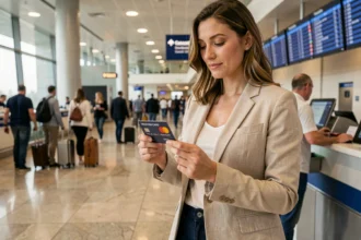 Femme tenant une carte Mastercard à un comptoir d'aéroport avant un voyage à l'étranger