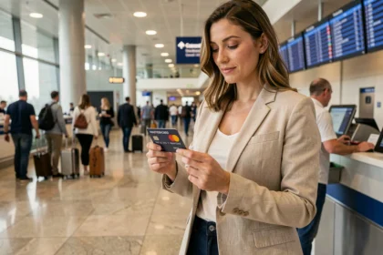 Femme tenant une carte Mastercard à un comptoir d'aéroport avant un voyage à l'étranger