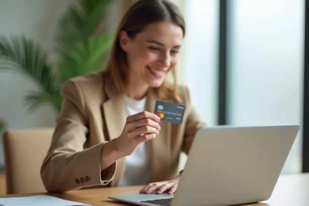 Femme tenant une carte Mastercard Crédit Agricole devant un ordinateur portable dans un bureau moderne