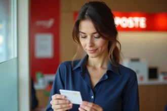Femme tenant une carte bancaire prépayée La Poste au guichet d'un bureau de poste