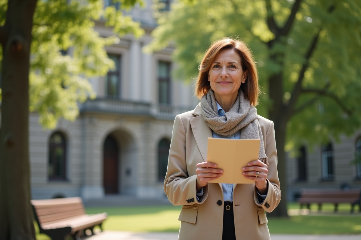 Femme civil servant tenant une enveloppe de pension dans un parc