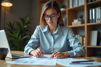 Femme en blouse examinant documents comptables dans un bureau moderne