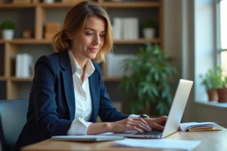 Femme consultant son espace assurances Crédit Agricole Vendée sur un ordinateur portable depuis un bureau à domicile