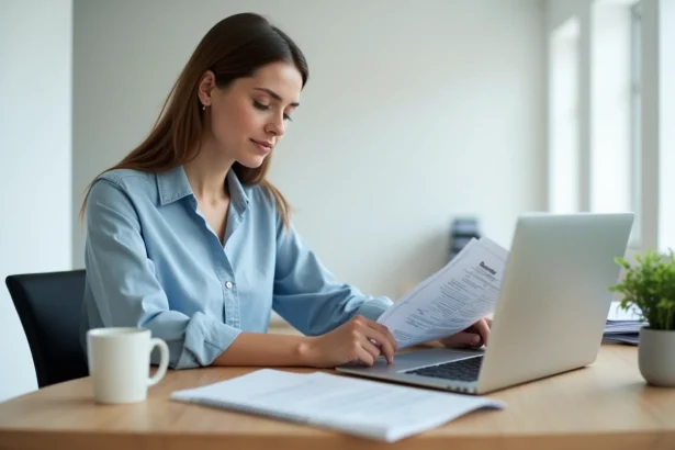 Femme consultant ses relevés bancaires CIC Filibanque sur ordinateur portable depuis son bureau à domicile