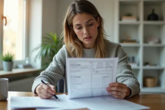 Femme consultant un avis d'échéance Free à son bureau avec annotations manuscrites