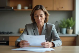 Femme d'âge moyen examinant un contrat d'assurance à la maison