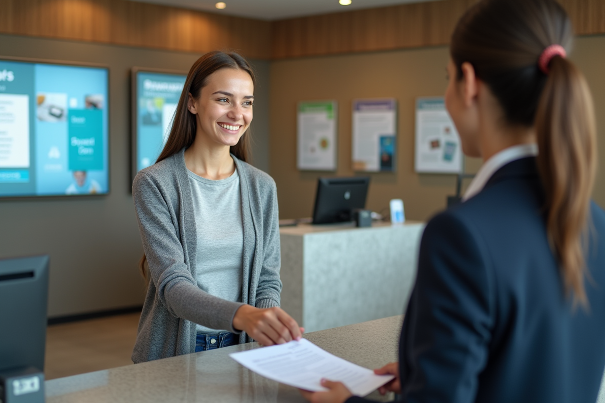 Jeune femme au guichet bancaire remettant des formulaires à un professionnel