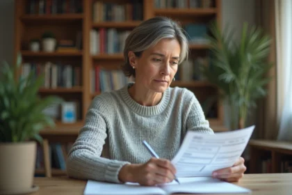 Femme consultant sa déclaration d'impôts 2026 à son bureau, stylo en main, focus sur la case 2BH du formulaire fiscal