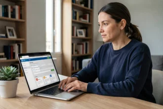 Femme utilisant un portail administratif en ligne pour gérer ses démarches numériques du Crédit Agricole des Savoie depuis son bureau à domicile