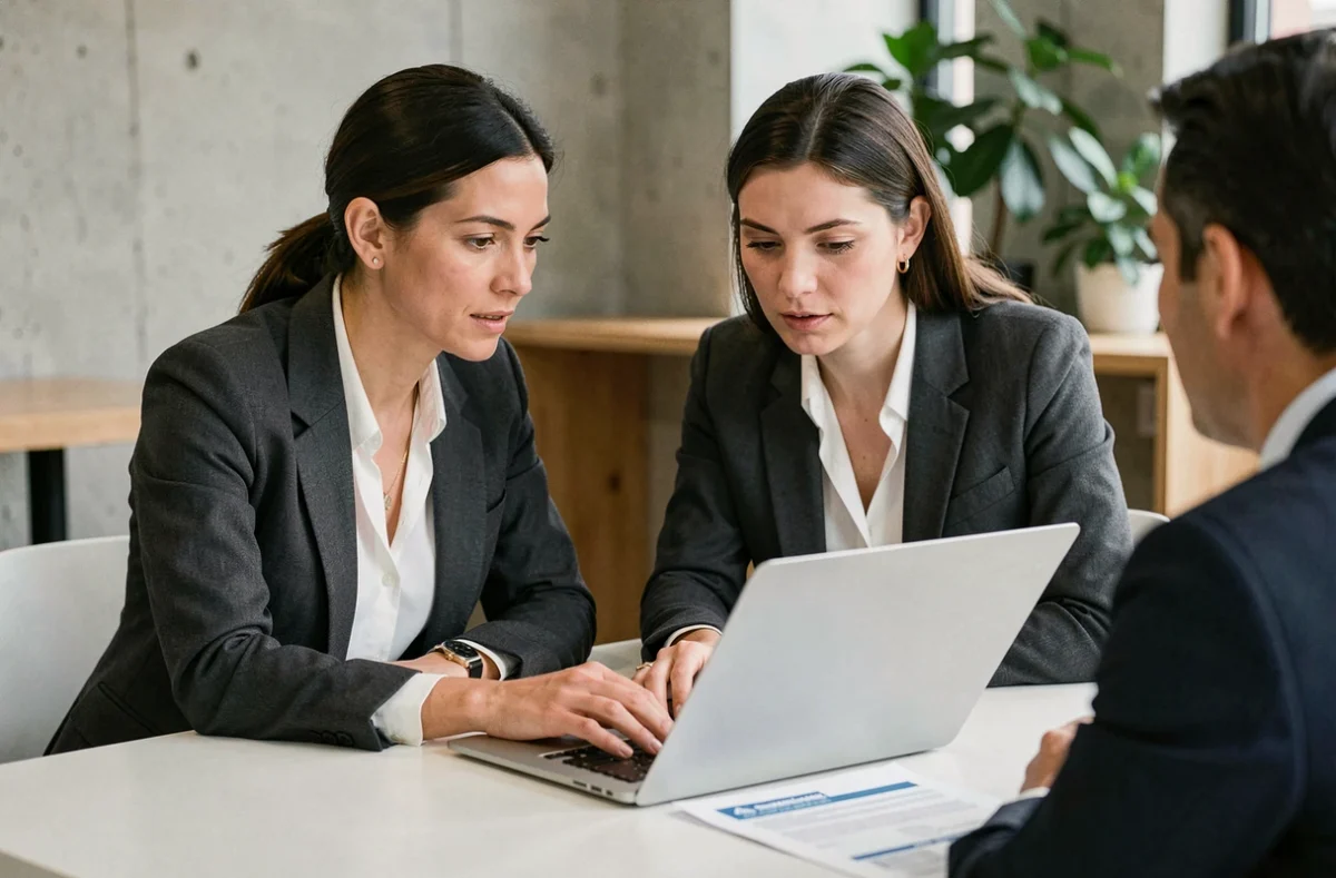 Femme dirigeante en réunion avec un conseiller en assurance pour protéger son entreprise et son patrimoine personnel, dans un espace de travail contemporain