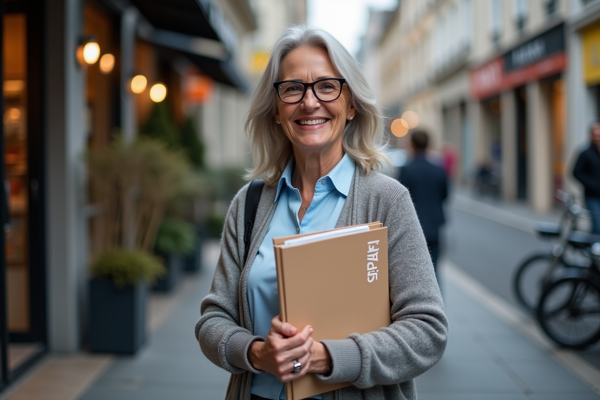 Femme souriante devant son bureau de petite entreprise