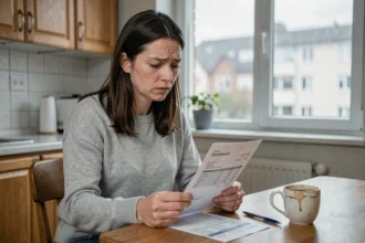 Femme consultant sa fiche de paie à temps partiel SMIC à la table de sa cuisine