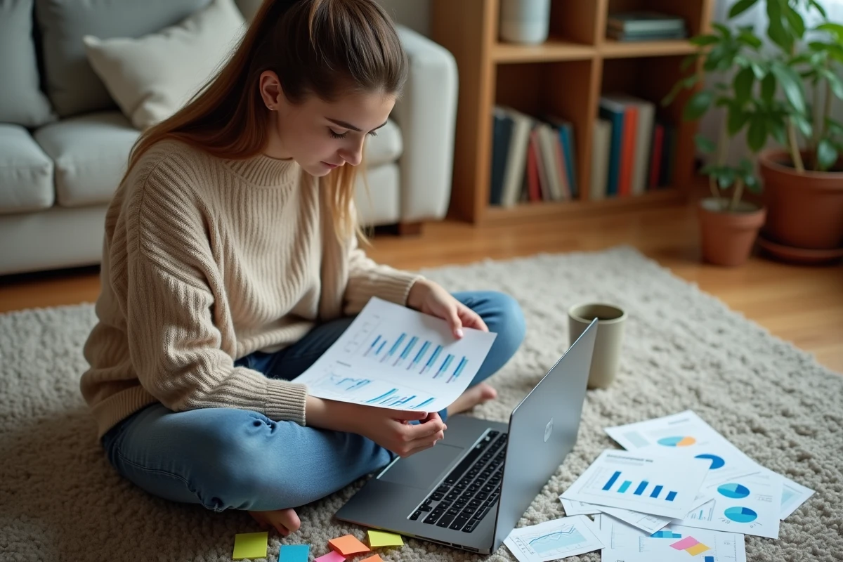 Jeune femme analysant des rapports financiers à la maison
