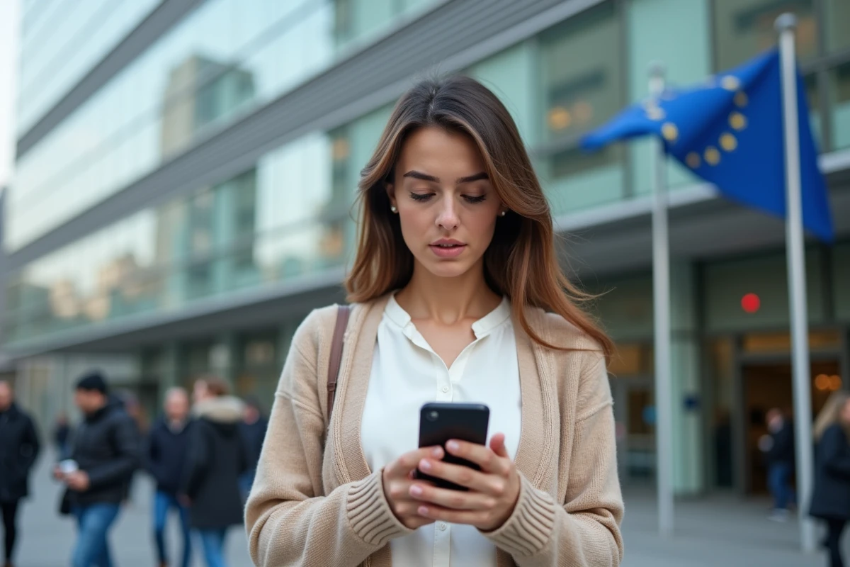 Jeune femme regardant son smartphone devant un bâtiment financier