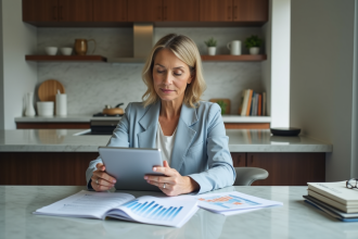 Femme d'âge moyen en tenue professionnelle dans une cuisine moderne examinant des documents financiers