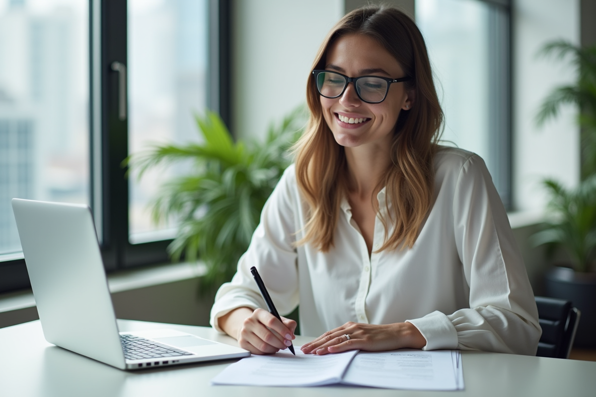 Jeune femme souriante remplit des formulaires de retraite au bureau