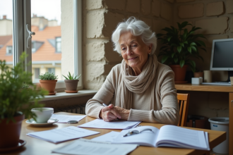 Femme française de 50 ans lisant des documents chez elle