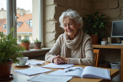 Femme française de 50 ans lisant des documents chez elle
