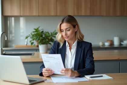 Femme d'affaires examine un relevé bancaire à la maison