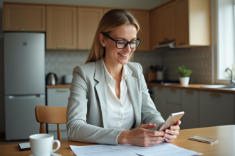 Femme d'âge moyen souriante gérant ses finances à la maison