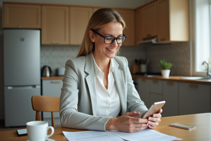 Femme d'âge moyen souriante gérant ses finances à la maison