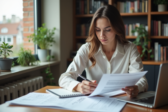 Jeune femme examinant des documents de prêt étudiant à la maison
