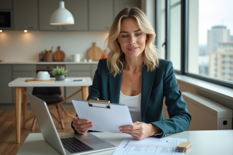 Femme confiante en immobilier dans un appartement lumineux